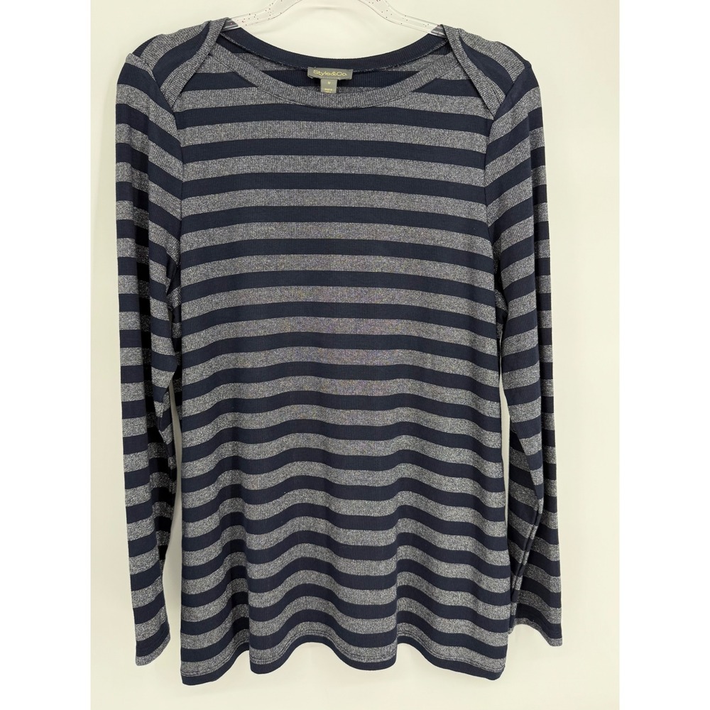 Style & Co Womens Navy Blue Silver Metallic Striped Ribbed Long Sleeve Top Sz M